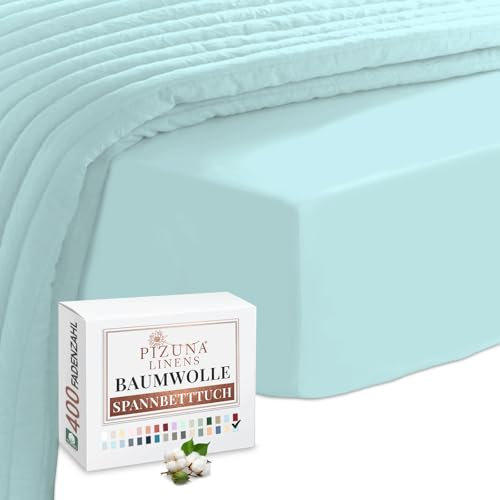 Pizuna Baumwoll-Spannbettlaken mit Fadenzahl 400 EIS Aqua 150x200, 100% langstapeliges, Mako-Satin-Gewebe-Bettlaken ideal für Matratzengrößen 135x200cm, 140x200cm & 145x200cm