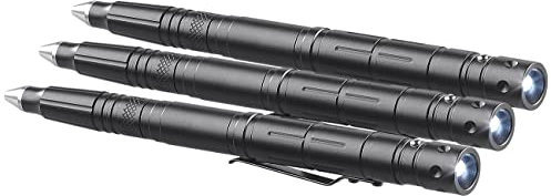 VisorTech Flaschenöffner: 3er-Set 5in1-Tactical Pens mit Kugelschreiber, Glasbrecher & Brieföff. (Kugelschreiber mit Messer, Notfallhammer Taschenlampe, Selbstverteidigung)