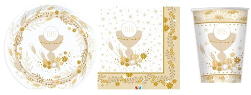 Set 40 pezzi - Kit Coordinato tavola PRIMA COMUNIONE - Colore Bianco e Crema con Calice e spighe - decoro buffet feste - 12 piatti + 12 Bicchieri + 16 tovaglioli