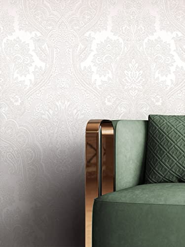 Newroom Tapete Silber Vliestapete Leicht Glänzend - Barocktapete Barock Grau Ornament Prunk Glamour inkl. Tapezier-Ratgeber