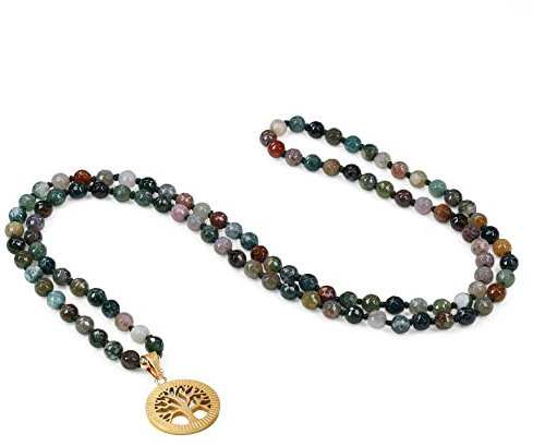 COAI Geschenkideen Verknotete 108 Mala Meditationskette Gebetskette aus Facettiertem Indischem Achat mit Lebensbaum Charm