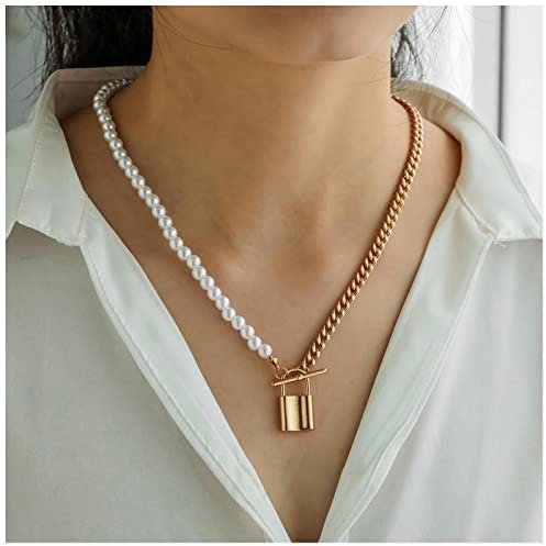 Allereya Punk Padlock Pendant Necklace Gold Pearl T Bar Necklace Lock Necklace Curb Chain Splicing Necklace Jewellery for Women and Girls