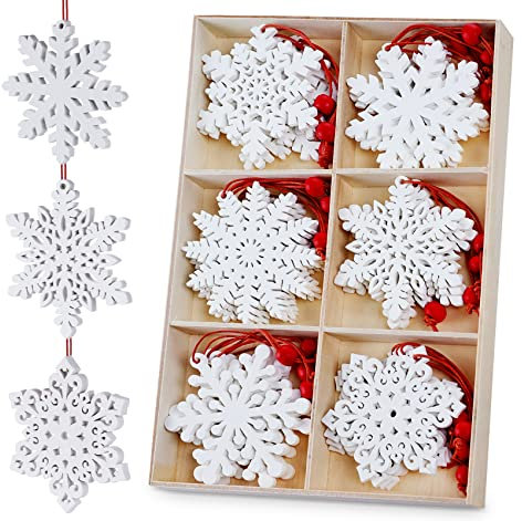 HOUISM Schneeflocken Anhänger Weihnachtsbaum Christbaumschmuck Weiß, 24 Stück Schneeflocken Baumschmuck mit Kordel für Weihnachten DIY Handwerk Zeichnen Verschönerung