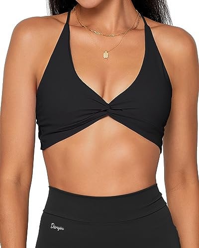 Danysu Womens Strappy Sport Bra Backless Sports Bra Open Back Workout Top Light Support Cute Gym Clothes Twirl Front Black M