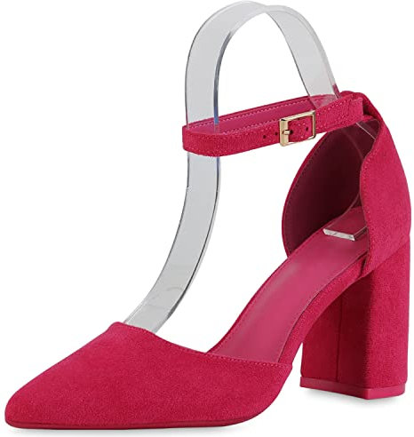VAN HILL Damen Spitze Pumps Klassische Blockabsatz Schuhe Basic Absatzschuhe Freizeit Veloursleder-Optik High Heels 210026 Fuchsia 39