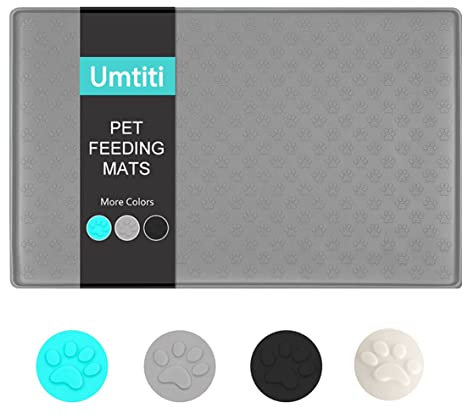 Umtiti Napfunterlage für Hund Katzen (48x30cm,grau), wasserdichte rutschfeste Silikon Hundenapf Futternapf Matte,wasserdichte Unterlage mit Rand, spülmaschinenfest,M-1pc,grau