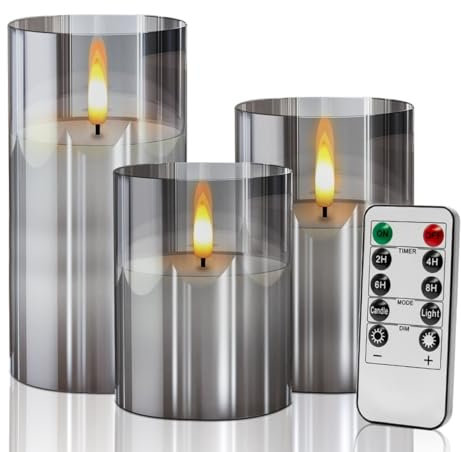 Bougies LED Sans Flamme, Flamme LED Clignotant Effets Réalistes Avec Télécommande Minuterie, Décoration Mariage,Fêtes,Intérieure Extérieure, Jeu de 3PCS Bougies Décoratives (4/5/6”) - Gris