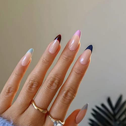 JUSTOTRY 24 Pcs Couleur Stiletto Faux Ongles Court Motif,Multicolore French Press on Nails Courts,Pretty Amande Faux Ongle Moyen avec Colle Pour Femme et Ado,Almond Faux Ongles à Coller Nail Art
