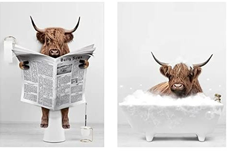 DragonX2 2pcs Kuh Bild Schwarz Weiß Leinwandbild Rustikales Wandbild Bilder Badezimmer Leinwand Bilder FüR Wohnzimmer, Badezimmer, Schlafzimmer, Kinderbadezimmer, Ohne Rahmen (30 X 40 Cm)