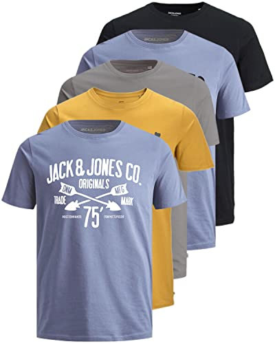 JACK & JONES Herren 5er-Set T-Shirts in verschiedenen Styles, Prints und Farben aus Baumwolle (Irina Slim Fit Pack 4, L)