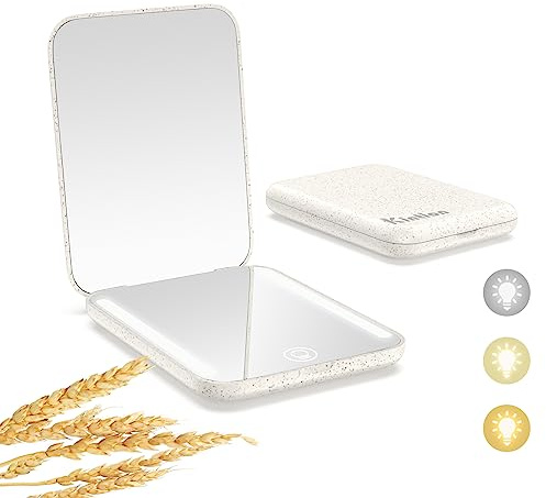 Kintion Rechargeable Pocket Mirror, Wheat Straw Material 1X/3X Magnification LED Compact Mirror, Portable, Small Handbag Travel Makeup Mirrors for Women as Gift, Apricot