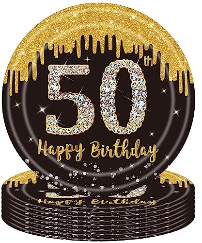 16 Stück 50. Geburtstag Pappteller Schwarz Gold,9 Zoll 23cm Happy 50th Birthday Schwarz-goldene Pappteller Einweg Deko 50. Geburtstag Partygeschirr für Männer Frauen 50. Geburtstag Party Dekoration