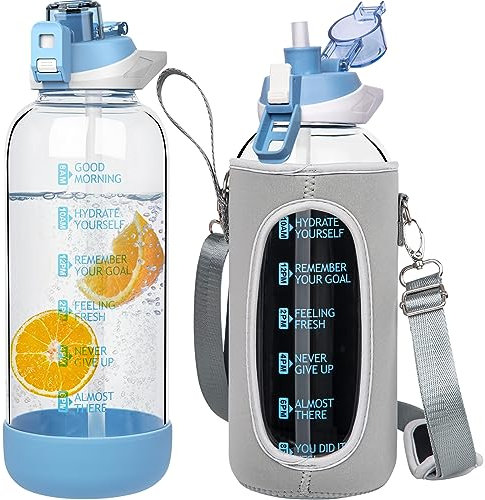 Seekua 1.5l Sport Gourde Verre avec Paille & Heure de Motivation 1.5 litre grande Bouteille d'eau Verre Réutilisable sans BPA avec Marqueur de Temps