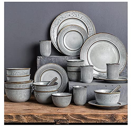 Geschirr-Set für Zuhause oder besonderes Restaurant, Vintage-Steinzeug-Geschirr-Set 38-teilig Feines Geschirr-Geschenk mit 10,75 Speiseteller, 7,5 Dessertteller, 5 Müslischale und 150ml B