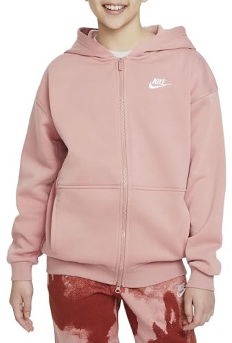 Nike FD2931-618 G NSW Club FLC OVRSZD FZ LBR Felpa con Cappuccio Bambina Red Stardust/White Taglia L