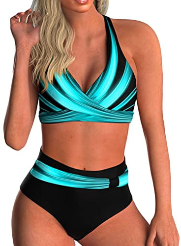 ORANDESIGNE Femme Maillots de Bain Taille Haute Deux Pièces Push-up Triangle Amincissant Classique Floréal Bikini Set de Tie-Dye Chic L A Bleu