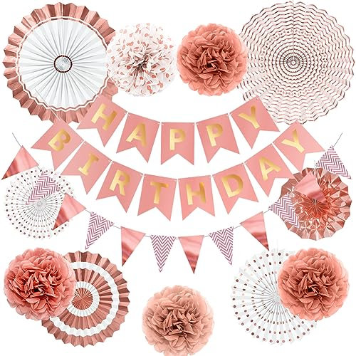 Rose Gold Reusable Birthday Decorations Kit Womens Birthday Party Decorations Rose Gold Banner Bunting Honeycomb Paper Lanterns Paper Fans
