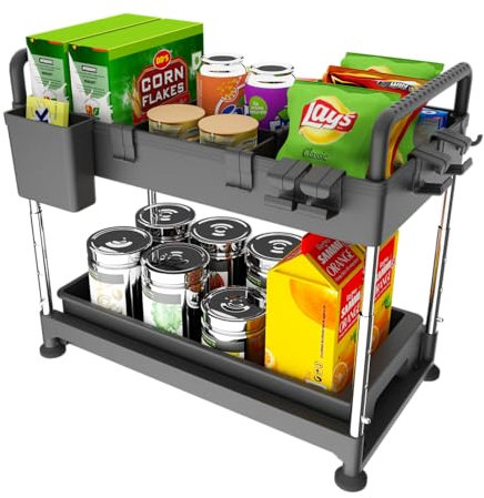 MURAS Organizador Cocina - Organizador bajo Fregadero, Organizador Fregadero Cocina, Organizador de Cocina de Dos Niveles, Bandeja Deslizante, Cesta, 4 Ganchos. Almacenaje Cocina, baño, salón.