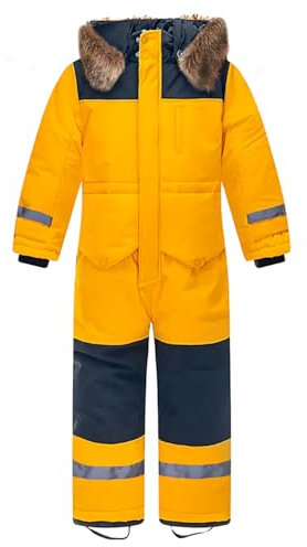 L SERVER Kinder Skianzug Jungen mit Kapuze Winddichte Wasserdichte Schneeoverall Mädchen Warmer Schneeanzug Dickere Skioverall mit Reflektierenden Streifen, Gelb, 146