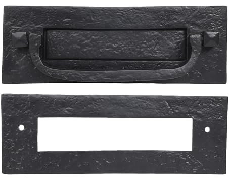 SKANDH Iron Black Powder Coated 12 X 4 Inch Postal Letter Plate Mail Slot with Back Plate for Front Door