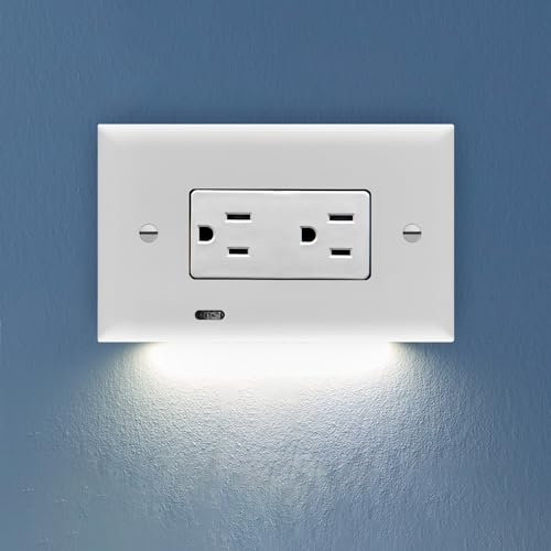 SnapPower GuideLight PLUS - LED Bright/Dim/Off Light Sensor Night Light - Electrical Outlet Wall Cover Plate For Horizontal Décor Outlets - White (1 Pack)
