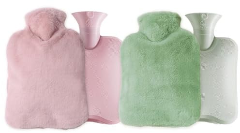 Abiyou 2 Stück Wärmflasche mit Bezug, 2L Heißwasserbeutel mit Deckel, Wärmeflaschen, Wärmflasche mit Weichem Bezug, Auslaufsicher Wärmeflasche mit Bezug, für Erwachsene Männer und Frauen (Rosa + Grün)