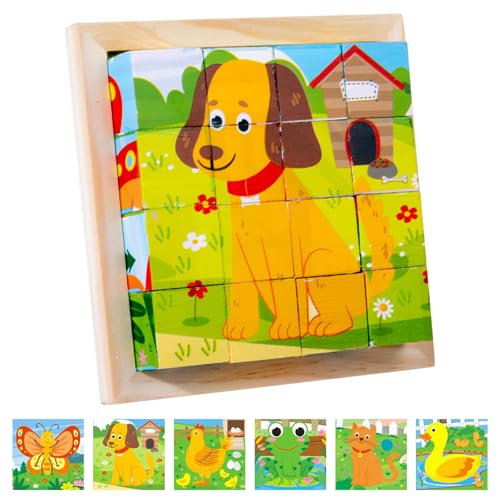 Würfelpuzzle Holz, Holzpuzzle 3D Würfelpuzzle Puzzlespiele 6 in 1 Tier-Motive Puzzle Ab 2 Jahre, 3D Bilderwürfel Puzzlespiele ab 1 2 3 4 Jahre, Montessori Lernspielzeug Geschenk für Jungen und Mädchen