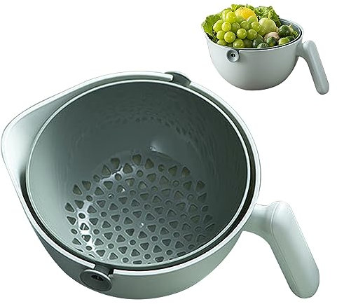 Colador 2 en 1 con Mango, Colador Giratorio de Frutas y Verduras Colador de Cocina Colador Ahorrador de Espacio Colador de Doble Capa para Verduras Pasta