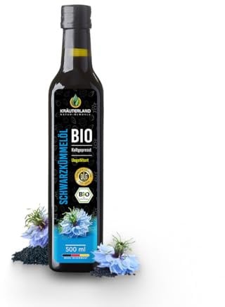 Kräuterland Schwarzkümmelöl Bio 500ml, kaltgepresst & ungefiltert, hoher Thymochinon‑Anteil, ägyptische Samen, mühlenfrisch, 1. Pressung, 100 % Nigella sativa, naturrein, lichtgeschützten Glas