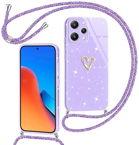 Yichxu Handyband für Xiaomi Redmi 12 4G Hülle mit Band, Glitzer Herz Silikon Handyhülle Kordel zum Umhängen, Schutzhülle mit Kette Stoßfest Necklace Handy Hülle für Redmi 12 4G (6.79), Lila