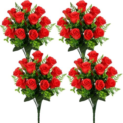 SIFOEL Fiori di rosa artificiali bouquet realistico seta rosa fiori finti per matrimonio casa centrotavola partito cimitero tomba decorazione (4, Rosso)