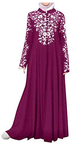 MYIESAXL Muslimische Kleider Damen, muslimisches Ganzkörper-Plissee-langes Gebetskleid, Abaya-Kleid, islamische Robe in voller Länge, ethnischer Naher Osten, Dubai-Druck, Abaya für Ramadan, Party