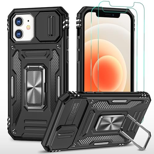 YmhxcY For iPhone 12/12 Pro Case, With [2*Screen Protector Film] 360° Rotate Metal Stand,Sturdy Case[Military Grade] For iPhone 12/12 Pro-Black