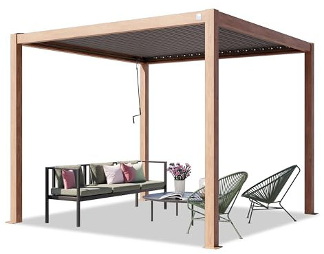 PRIMEYARD Pergola 3x3 m montanti in Alluminio Look Legno con Tetto a doghe in Acciaio Gazebo da Giardino