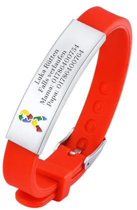 Notfallarmband SOS Armband Kinder - Rot Kinderarmband Gravur Telefonnummer Name, Anti Verloren Armbänder für Autismus Kinder, Personalisiertes Notfall Medizinische Armband für Mädchen Jungen