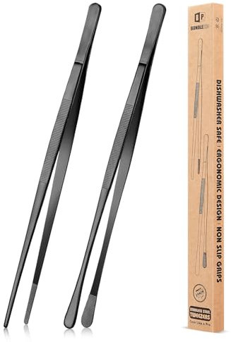 2 pezzi pinzette da cucina da 30,5 cm, pinzette professionali da cucina lunghe in acciaio inox per barbecue, frutti di mare, riparazione e servizio (NERO)