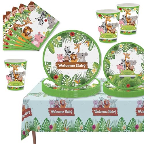 MORAINJAY 69P Jungle Safari Theme Party Tableware Set for Boys, Animal Happy Birthday Decorations for Kids,Paper Plates Cups Napkins Animals Baby Shower Party Supplies for 16 Guests