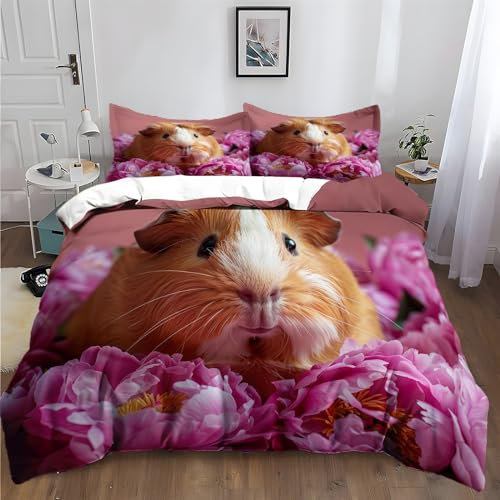XCQHZYQ Bettwäsche 135x200 cm Tier, Meerschweinchen, Lila, Flower 3D Effekt Bettwäsche Set Polyester Baumwolle Modern Bettbezug mit Reißverschluss und Kissenbezug 80x80cm