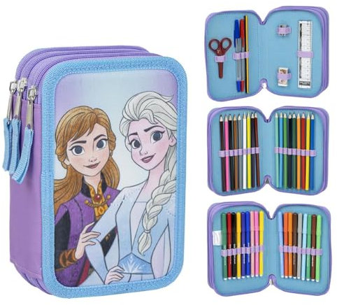 CARTOON Trousse multi-compartiments 3 fermetures éclair pour l'école complète stylos crayons couleurs feutres, Frozen (1), Compact et coloré avec personnages de la Reine des Neig