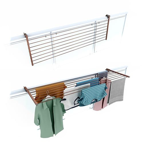 Foxydry Duo Étendoir de balcon pliable d'extérieur, robuste, en acier inoxydable et aluminium, pour balustrade de balcon, terrasse, marron, longueur 162 cm