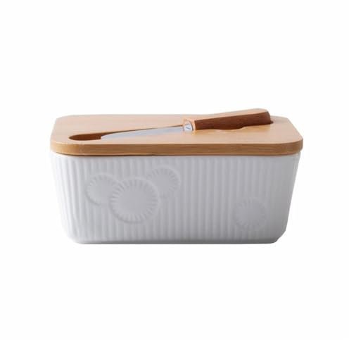 Butter Container Kitchen Butter Dish Simple Butter Box Pure White Embossed Ceramic Butter Dish with Knife and Wooden Lid Cheese Bowl Butter Tray