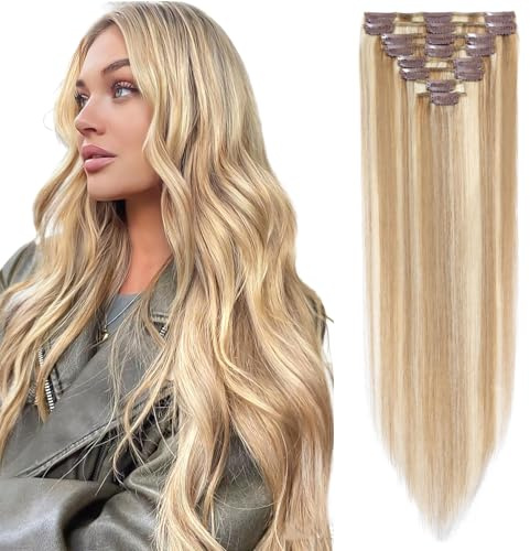 Rich Choices Clip in Extensions Echthaar 8 Stück Clip Extensions 25cm #12/613 Blonde Strähnchen Unsichtbare Haarverlängerung Echthaar Clip ins Remy Seidig Gerade Natürlich - Dünne Tressen