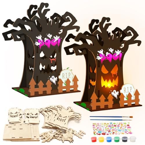 MONCAP 4 Pack Halloween Tree Craft for Kids - Hollow Tree Decoration, Unfinished Wooden Slices DIY Art Craft with Paints and Brushes for Children's Haunted House Craft Kit