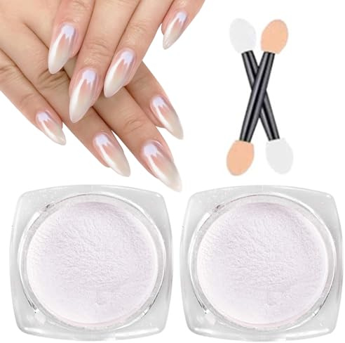 2 PCS High Glassy Pearl Chrome Powder: 2 Boxes of White Pearl and Ice Glazed Donut Transparent Powder for a Moonlight Effect, Perfect for Glittering and Shinning Nails