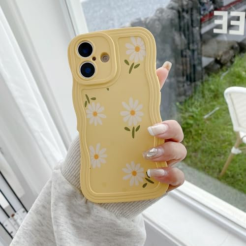 UEEBAI Flower Case for iPhone 16, Spring Silicone Cute Case for Women, Wave Frame Artistical Daisy Pattern Phone Cover for Girls Protective Shockproof Cover - Yellow