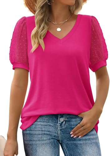 Aokosor Damen Sommer Tops V-Ausschnitt T-Shirt Schweizer Punkt Puffy Ärmel Shirts Rose Red S