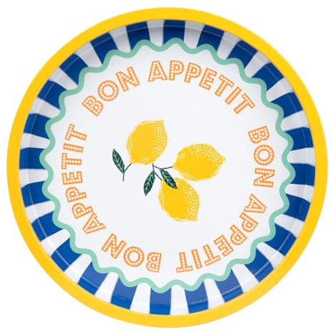 Talking Tables Large Round Serving Tray for Drinks, Snacks, Condiments Decorative and Colourful Lemon Design, Ideal for Summer Dining, BBQ, Outdoor Dining Garden Parties | Made of Tin | 31cm