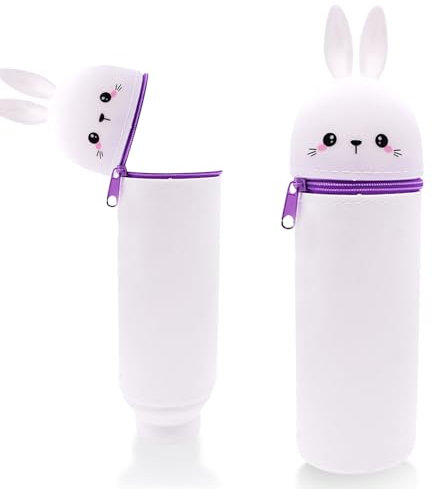 Wydexint Kawaii Federmäppchen, Mäppchen, 2-in-1 Weiche Silikontasche, Federmäppchen, Stand Up Federmäppchen, Tier Stifthalter, Cartoon Bleistifthalter Für Mädchen Und Jungen (Weißes Kaninchen)
