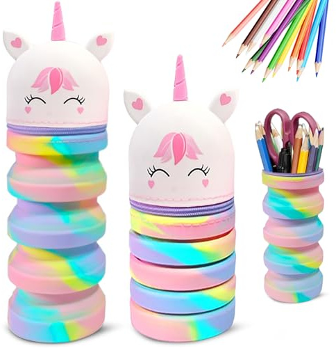 MPXEAVG 2 in 1 Kawaii Federmäppchen, Stiftetasche Buntstifte Marker, Stand-Up Schulbedarf, Einhorn Weiß
