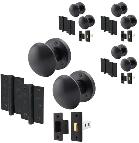 EAI Matt Black Door Knobs with Latch 76mm and Hinges, 4 Pack - Victorian | Complete Latch Kit with 4 Pairs of Victorian Mortice 55mm Door Knobs, 76mm Latches, 76mm Hinges, Fixings Included